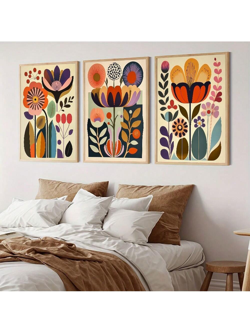 Set of 3 Scandinavian Folk Art Floral Prints - Bohemian Style