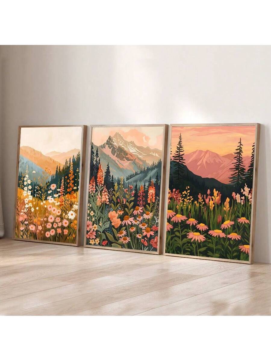 Transform your space with this stunning set of three unframed art posters that blend bohemian charm with natural beauty. Each piece features warm sunset hues, delicate florals, and majestic mountain landscapes—perfect for creating a cohesive gallery wall or decorating separate rooms. Ideal for modern living spaces, bedrooms, or creative studios, these posters bring rustic warmth and artistic flair to any wall. 