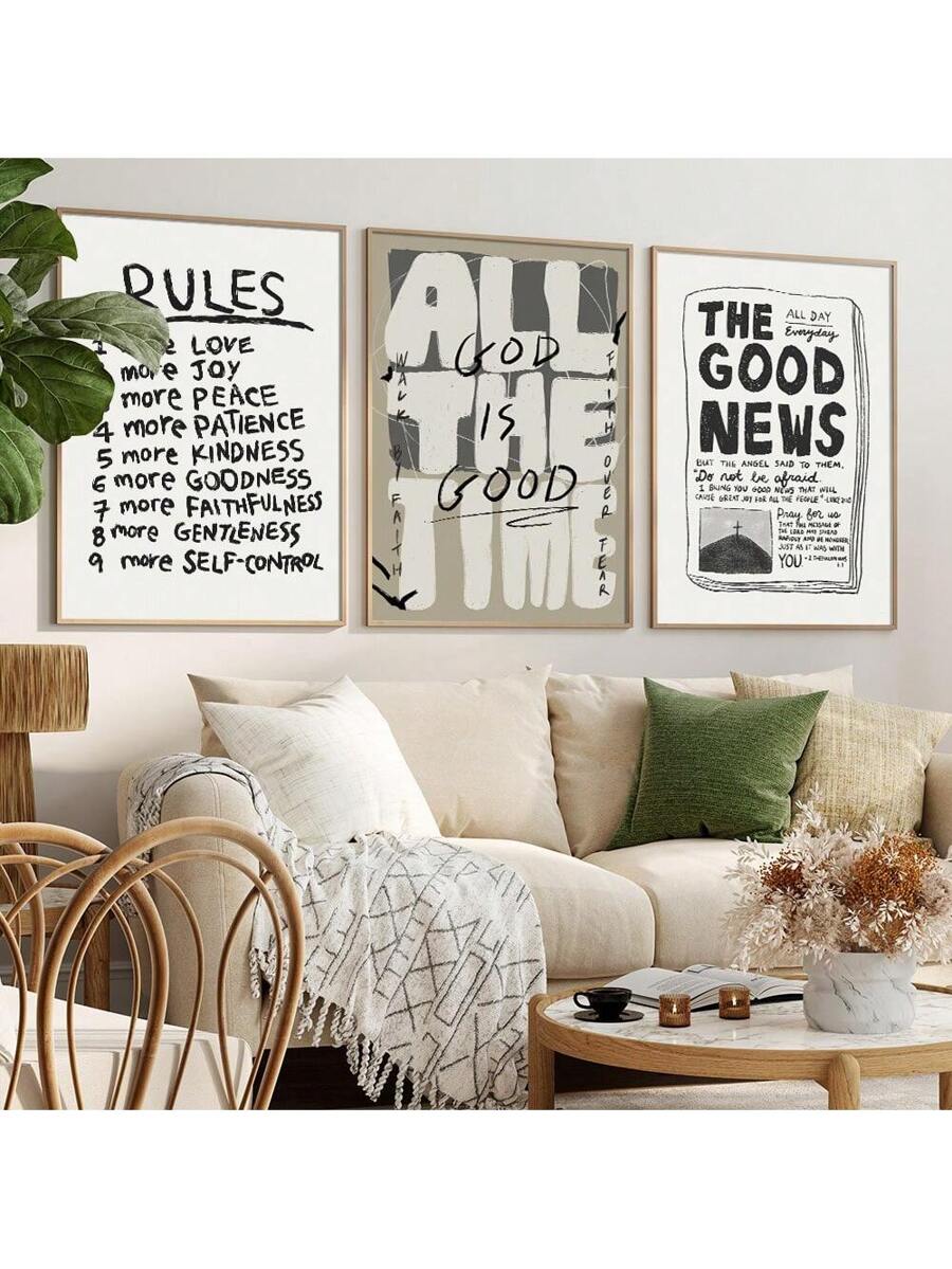 Add a touch of vintage charm and inspiration to your space with this playful set of 3 unframed Christian quote posters. Featuring retro-style art and uplifting messages, these canvas prints bring warmth and encouragement to any room. Perfect for brightening your home décor with timeless faith and a splash of nostalgic style.
