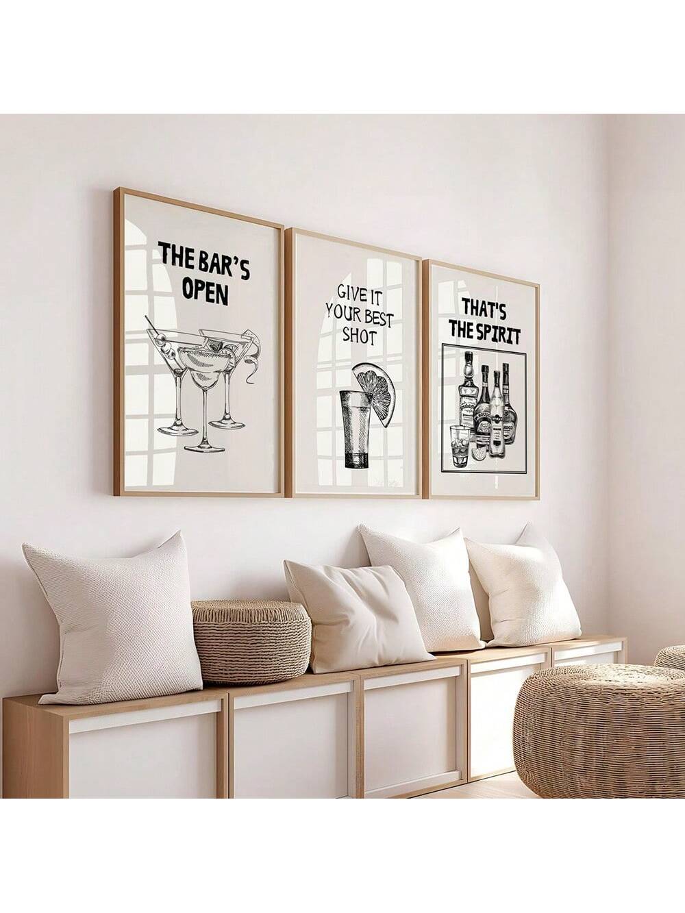 Elevate your space with this chic trio of minimalist bar cart art posters. Featuring sleek black designs celebrating tequila and wine, these canvas prints bring sophisticated flair to any room. Perfect for home bars, kitchens, or entertaining spaces, they blend vintage vibes with modern aesthetics. Mix and match with existing décor or create a gallery wall that sparks conversation. Ideal for cocktail enthusiasts and design lovers who appreciate a touch of spirited style.