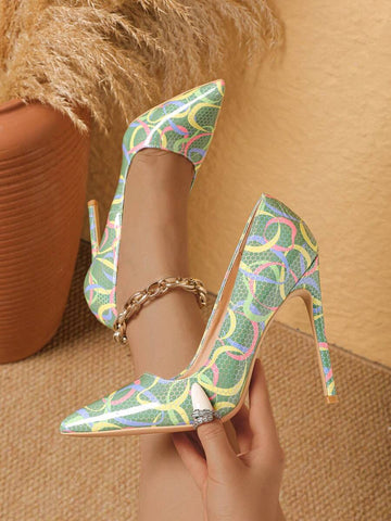 display of multicolor graphic pointed-toe stiletto pumps for evening styling