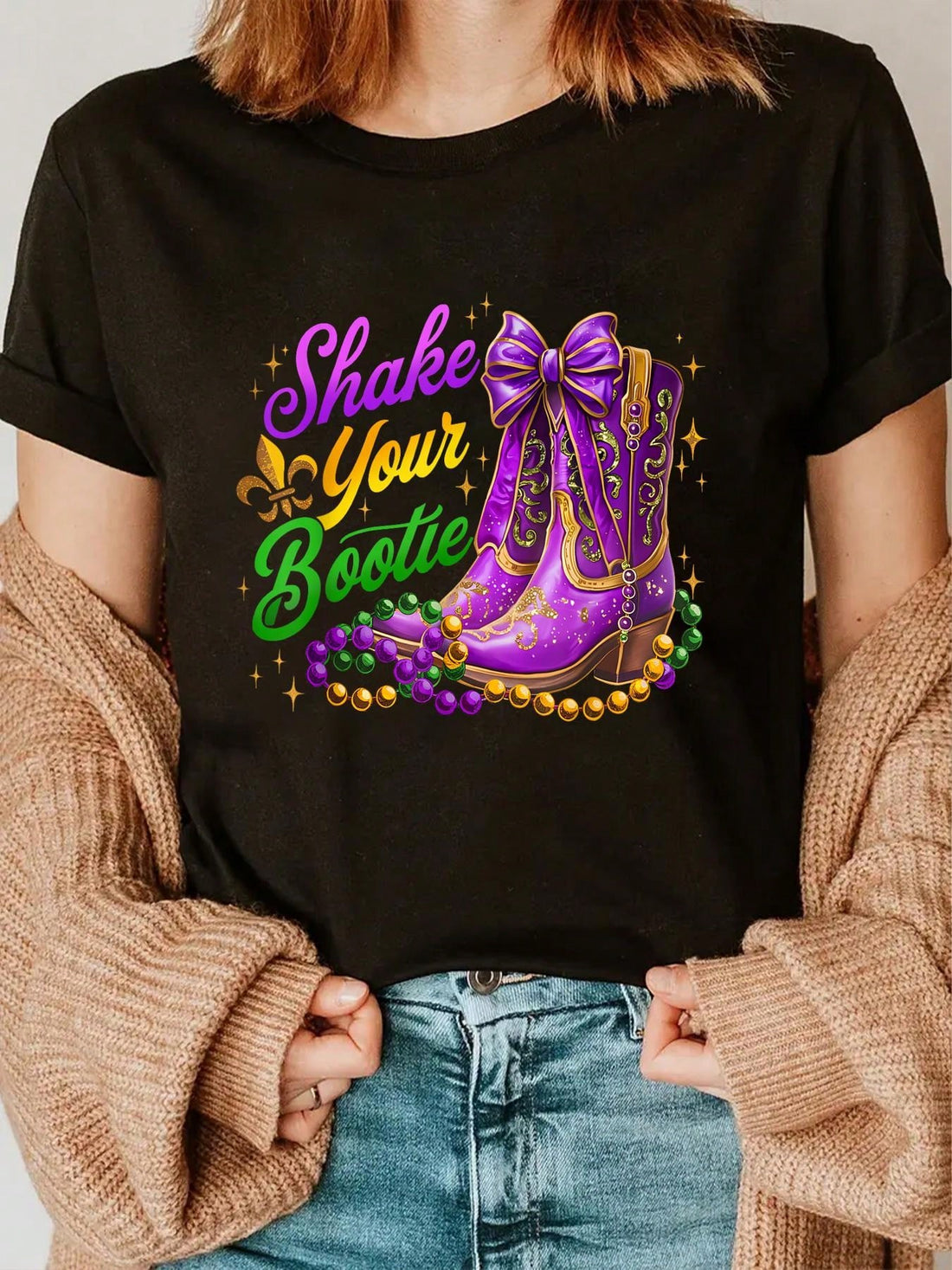 Get ready to party with our Shake Your Bootie t-shirt! Made from soft cotton, this festive Mardi Gras apparel will keep you comfortable while you shake your stuff on Fat Tuesday. It's the perfect way to show off your fun and quirky side during the celebrations. Get yours now and let's get this party started!