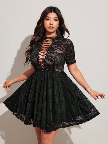 Step into the spotlight with this sheer A-line dress featuring a daring lace-up deep V neckline. Its flowing silhouette adds a touch of elegance, while the playful lace-up detail brings a flirty edge. Perfect for turning heads and embracing your glamorous side with confidence and fun.