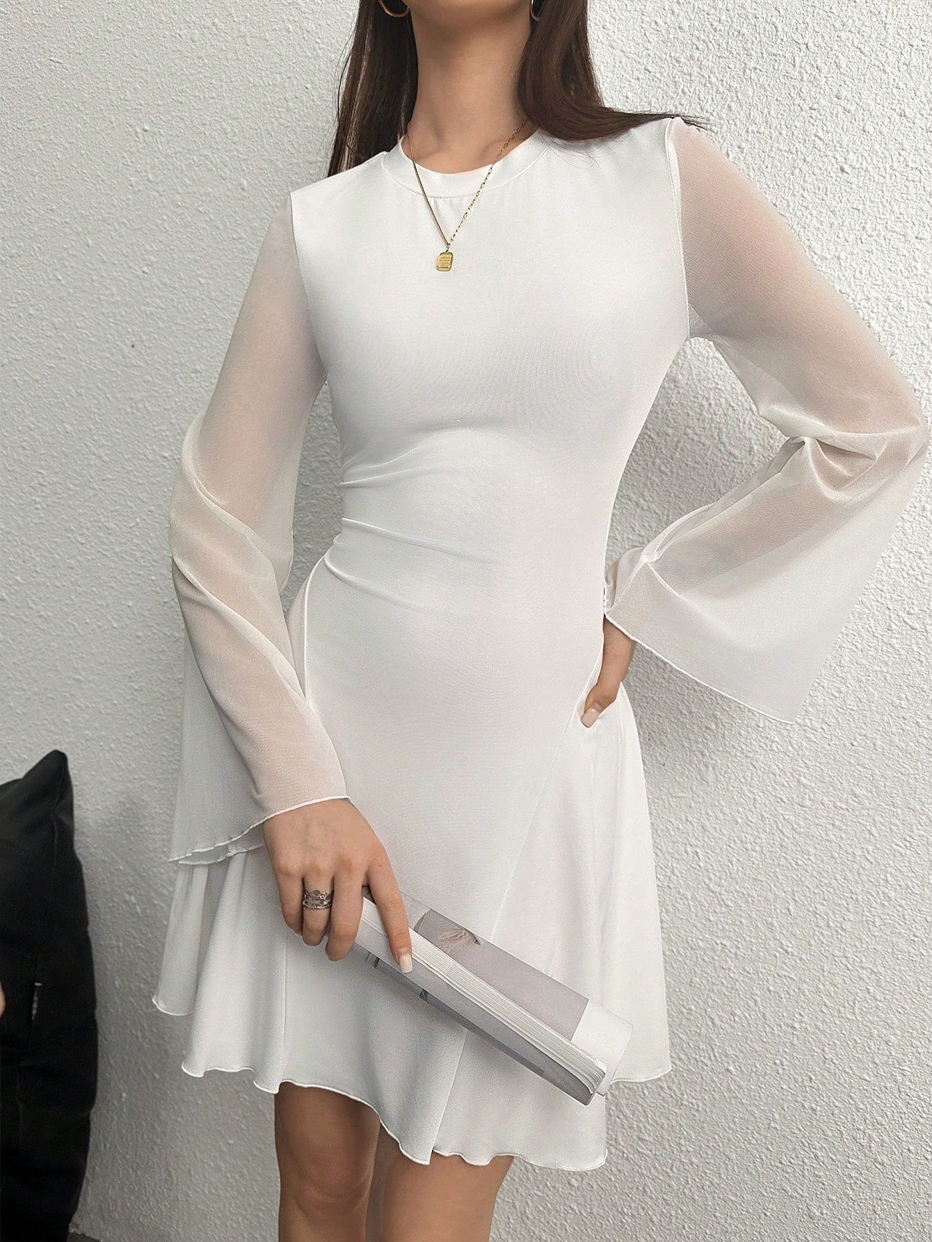 Sheer A-Line Graduation Dress with Flare Sleeves and Gathered Waist fo