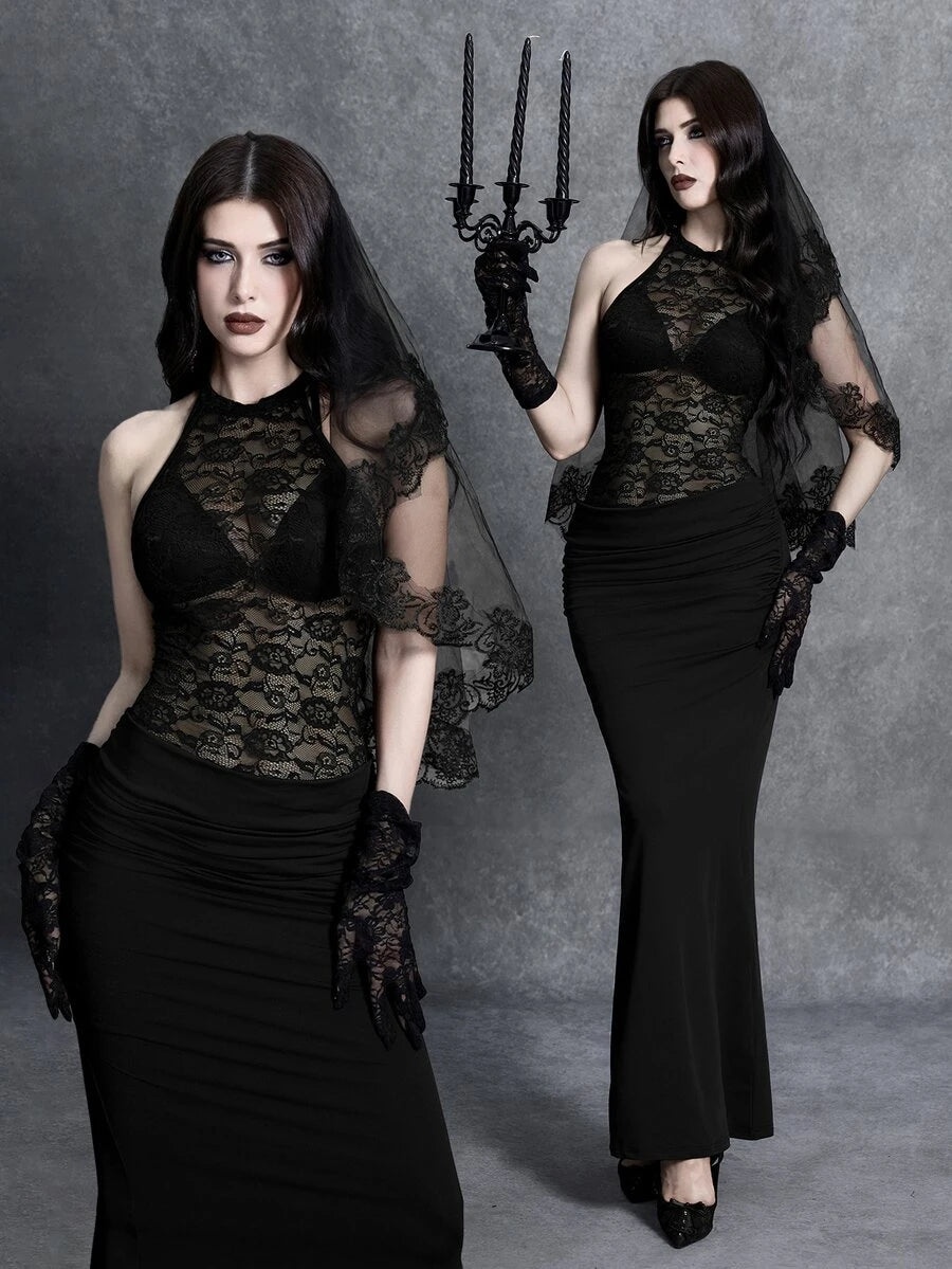 Full view of black lace halter bodycon mermaid maxi dress with ruched skirt