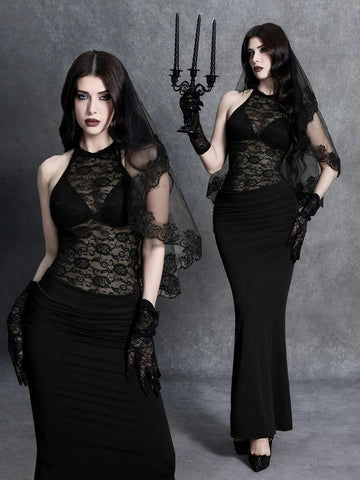 Full view of black lace halter bodycon mermaid maxi dress with ruched skirt