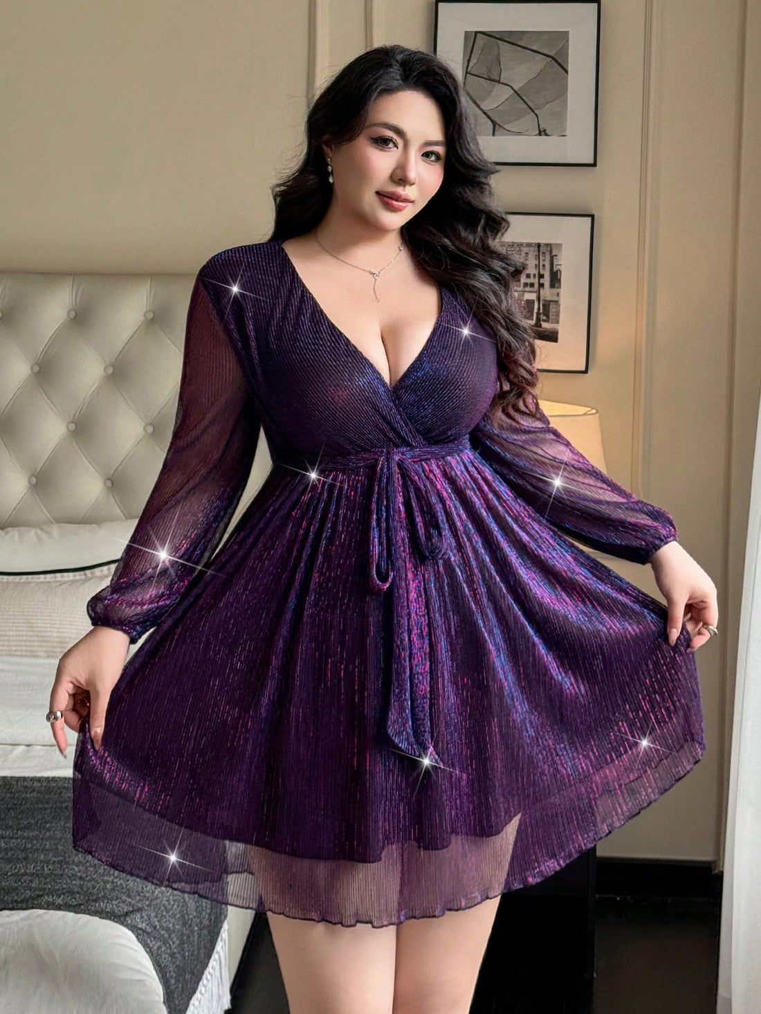 Elevate your party game in this stunning purple metallic dress that catches every light in the room! The luxe V-neckline and long sleeves offer sophisticated coverage, while the pleated waist detail creates a flattering silhouette that celebrates your curves. Shimmering fabric ensures you'll be the star of any celebration—whether it's a night out with friends or a special occasion that calls for serious glamour. Slip it on and prepare for compliments!