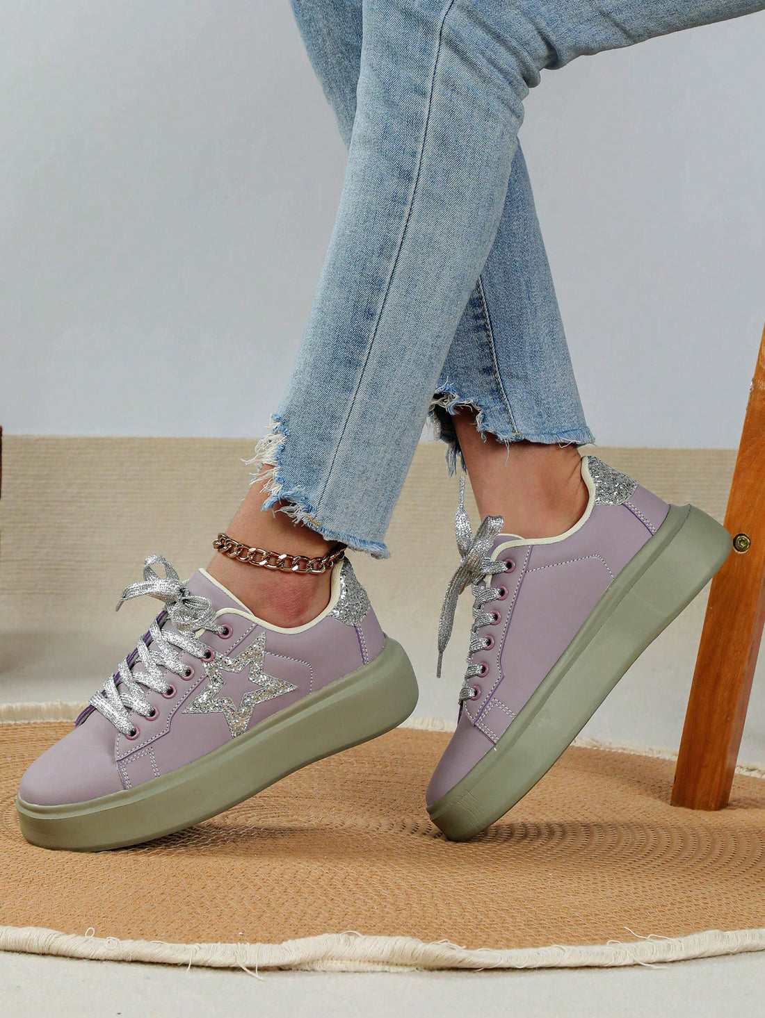 Elevate your street style with our Shimmering Star Couple Sneakers. The eye-catching purple and silver design features a unique star pattern that adds a touch of glam to any outfit. Designed for women, these sneakers bring a touch of shimmer and a whole lot of style to your wardrobe.