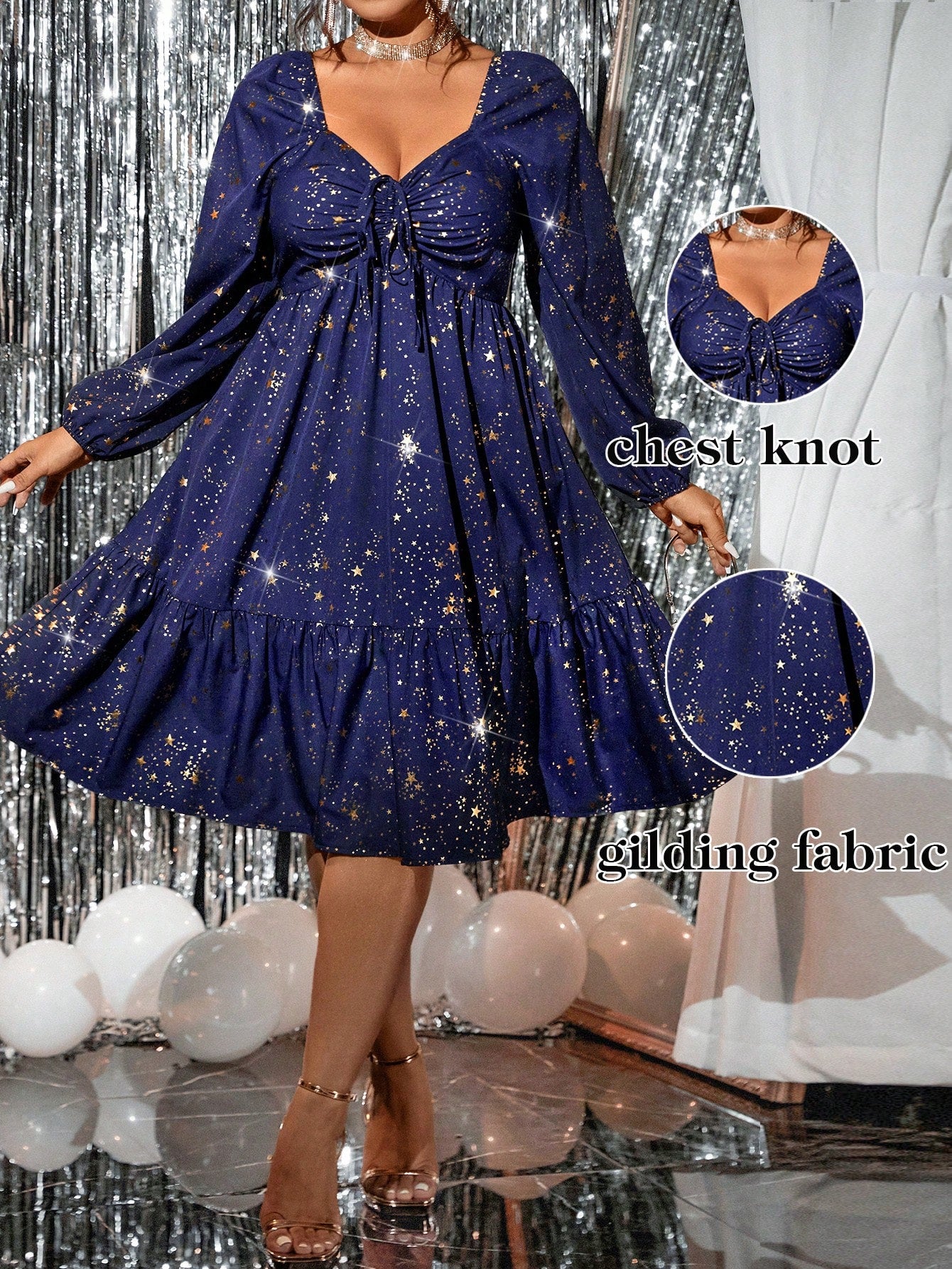 This elegant gold foil dress is perfect for autumn occasions. The plus size fit flatters all body types, while the shimmering fabric adds a touch of luxury. Shine bright this season and make a statement with this stunning dress.