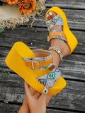 Step into sunshine with these shiny yellow platform sandals! Featuring an open toe and high wedge heel, they add a playful pop of color to any summer outfit. The non-slip sole keeps you steady while you dance or stroll, making them perfect for sunny days and warm nights. Bright, bold, and comfortable—these wedges are your go-to for fun in the sun.