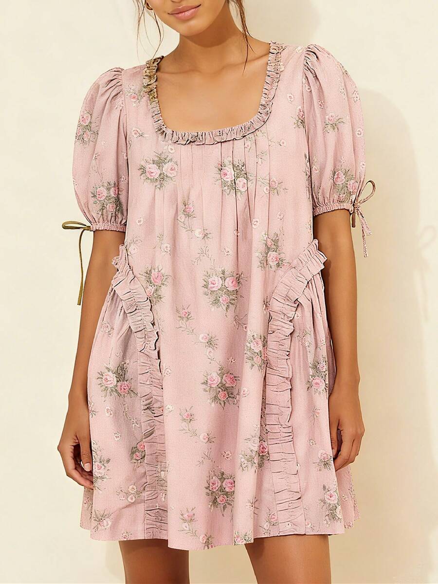 Front view of dusty blush floral smock mini dress with ruffled square neckline