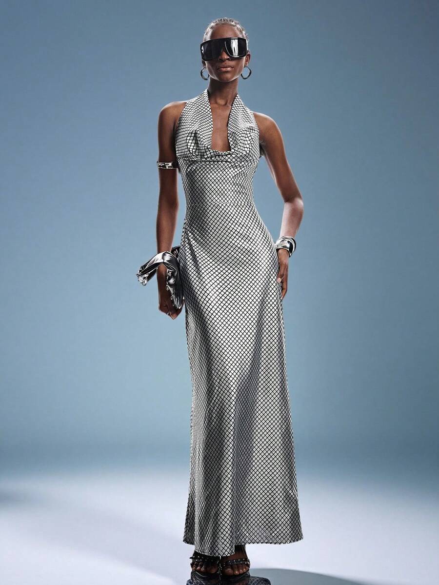Silver foil plaid backless maxi dress with draped neck