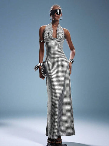 Silver foil plaid backless maxi dress with draped neck
