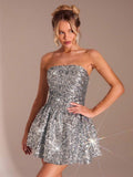 Silver strapless sequin A-line mini dress with fitted bodice