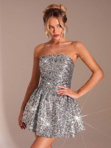 Silver strapless sequin A-line mini dress with fitted bodice