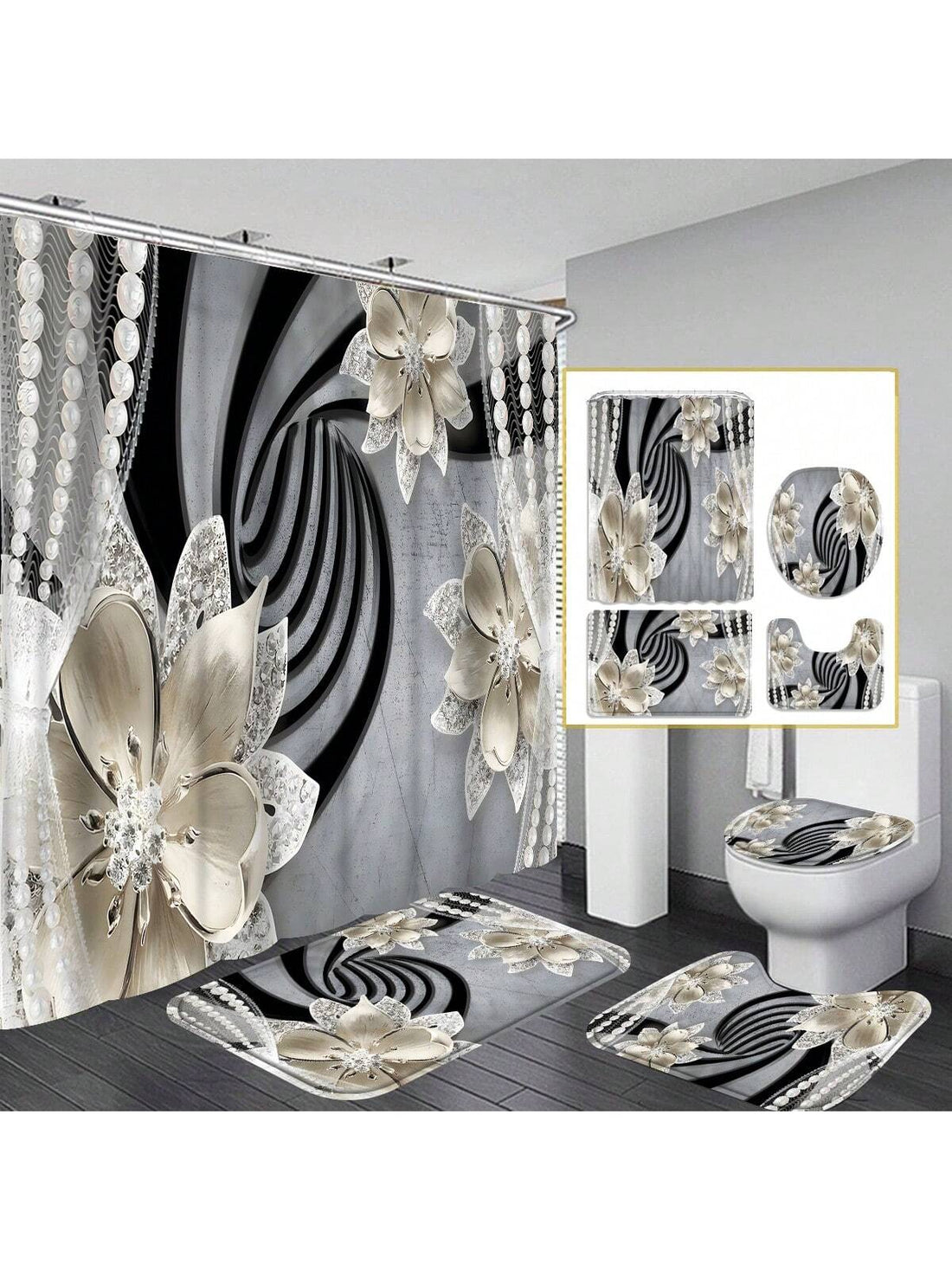Transform your bathroom into a whimsical oasis with our Simplistic Floral Beaded 3D Printed Shower Curtain & Mat Set! This set not only adds a touch of colorful elegance with its floral design, but it is also waterproof and comes with 12 shower rings. Say goodbye to boring showers and hello to a fun and functional bathroom update!