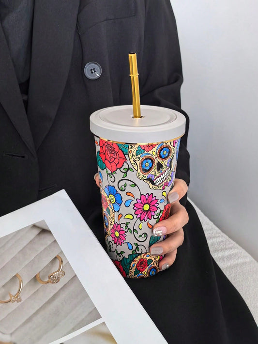 Stay hydrated in style with our Skull Flower Print Golden Rim Vacuum Cup! This stylish and functional cup keeps your drinks hot or cold and the vacuum seal ensures it stays that way for longer. Perfect for on-the-go or at the office, this cup is a must-have for anyone who wants to stay hydrated while looking chic.