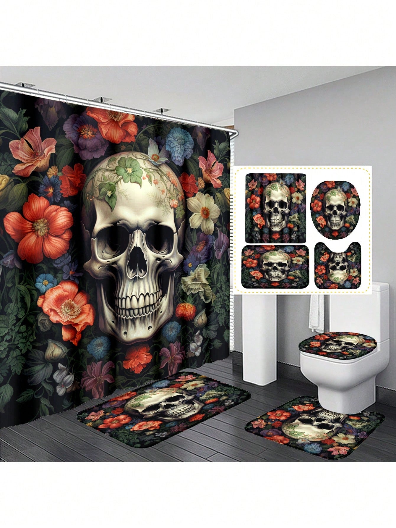 Transform your bathroom into a spooky yet functional space with our Skull Full Scene Bathroom Set! This Halloween-themed set includes a shower curtain, mats, and hooks that are waterproof and anti-slip. Elevate your decor with a touch of creepiness and enjoy a safe and secure bathroom experience.