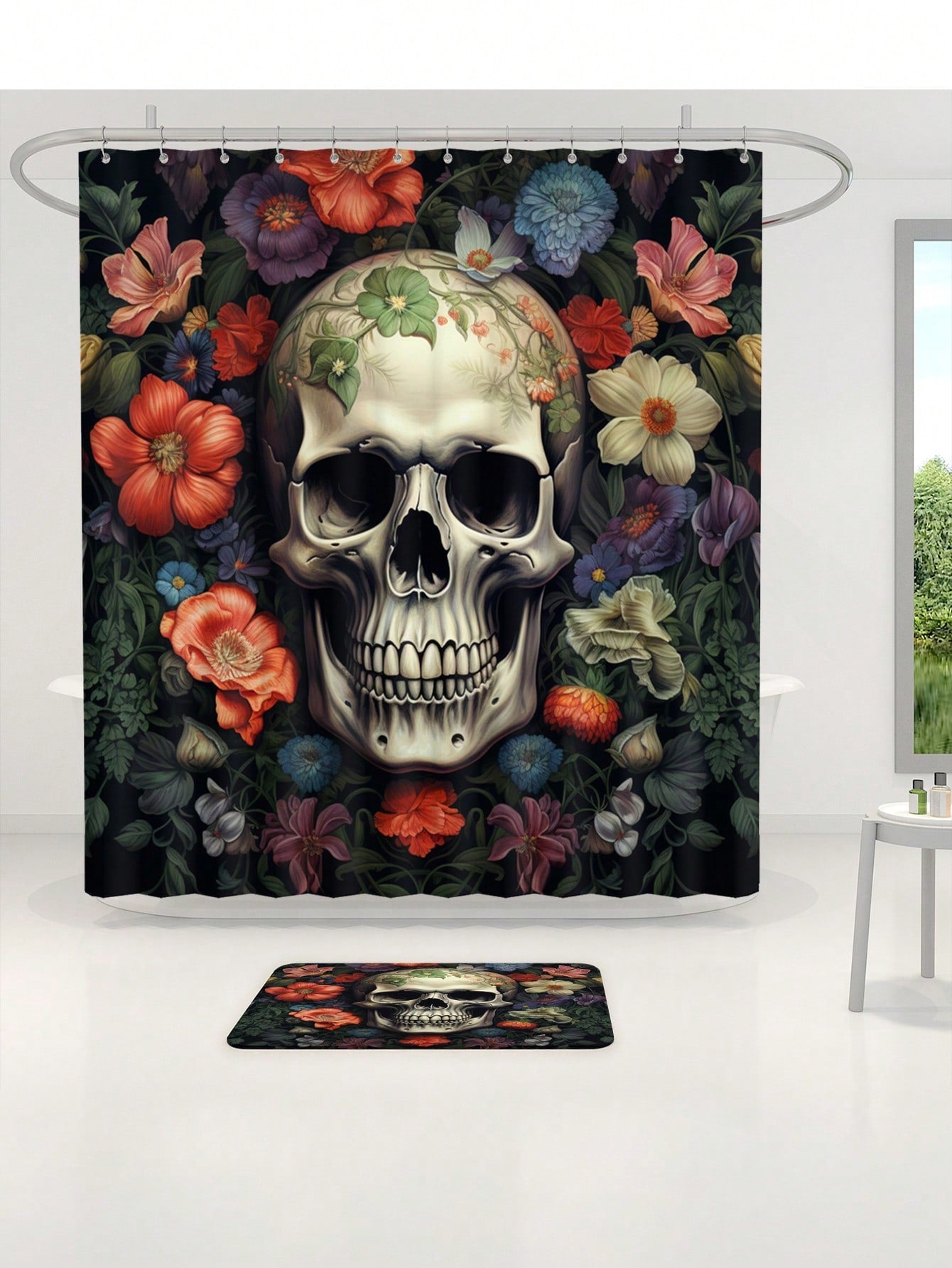 Impress your guests and create a creepy chic bathroom scene with our multi-functional Skull Shower Curtain. Made from high-quality material, this shower curtain not only adds a unique touch to your bathroom but also serves as a functional barrier against water spills. Perfect for horror fans and Halloween enthusiasts.