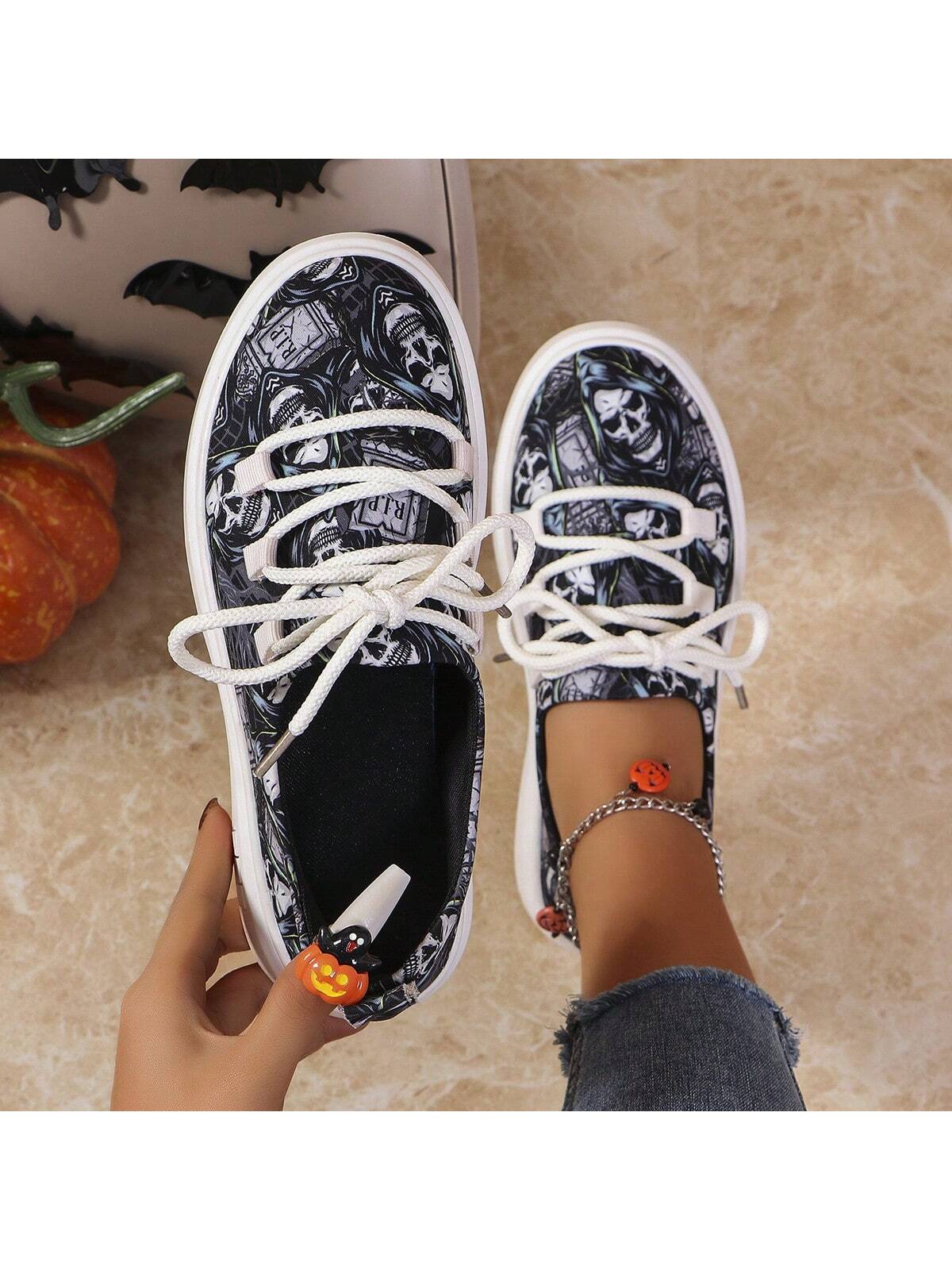 Step up your Halloween footwear game with our Skull Print Lace-Up Sneakers. These stylish sneakers are perfect for adding a spooky touch to any outfit. Featuring a trendy lace-up design and a bold skull print, these shoes are the perfect choice for Halloween 2024.