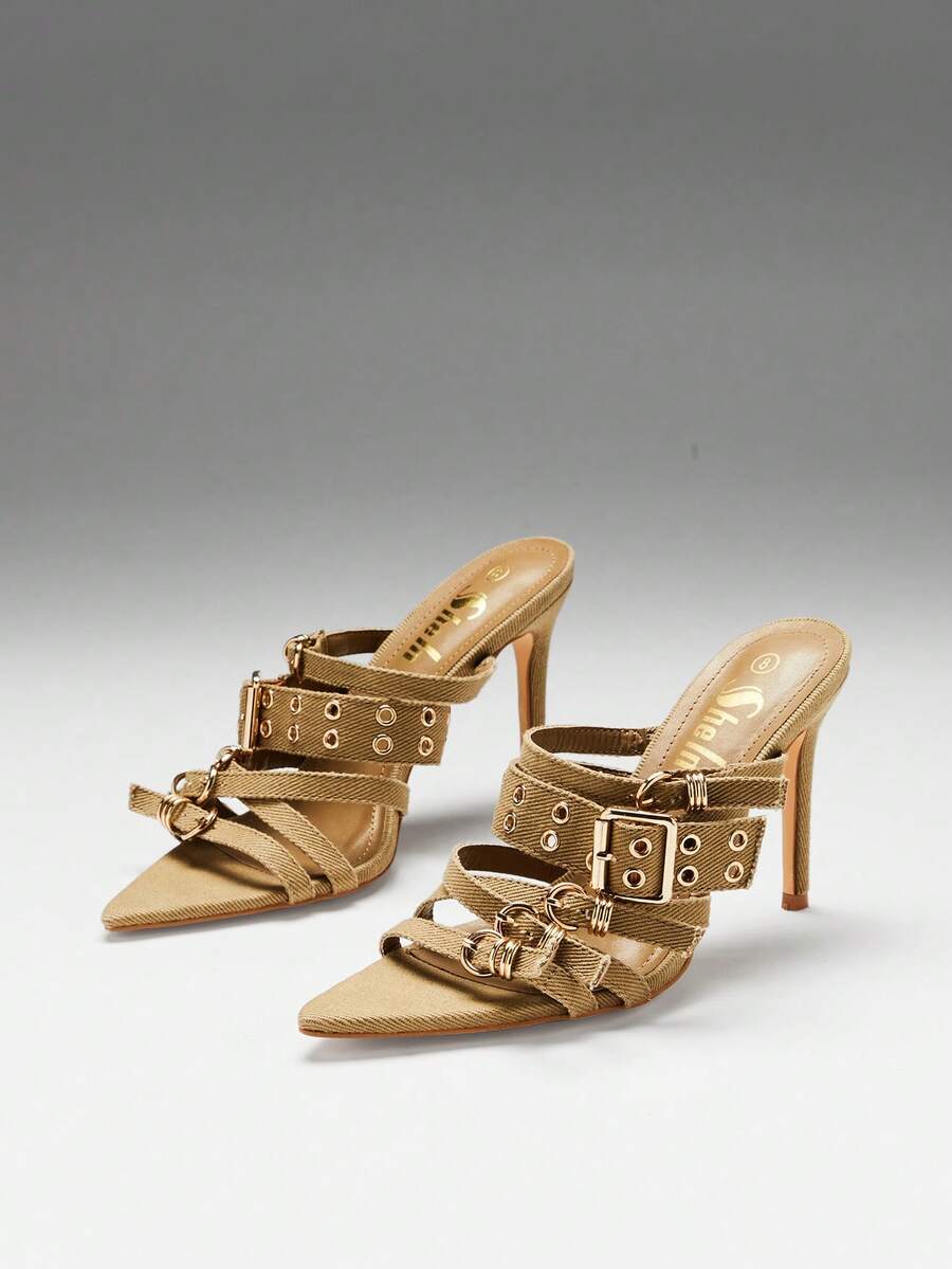 Khaki three-quarter pair view of pointed-toe buckle mule sandals with woven fabric upper, open toe, and high stiletto heel