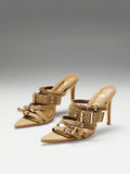 Khaki three-quarter pair view of pointed-toe buckle mule sandals with woven fabric upper, open toe, and high stiletto heel