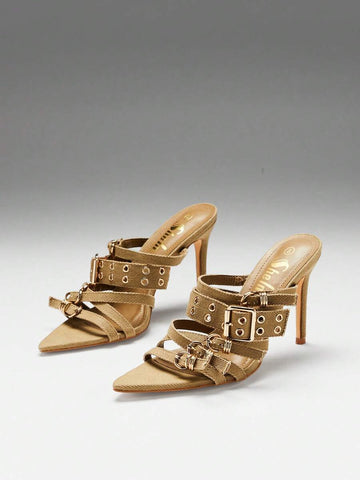 Khaki three-quarter pair view of pointed-toe buckle mule sandals with woven fabric upper, open toe, and high stiletto heel