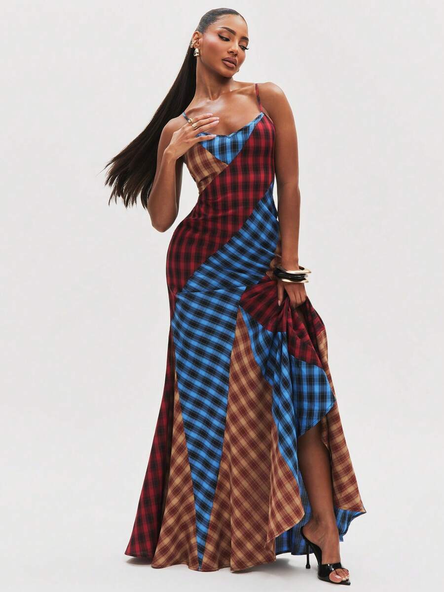 Front view of blue red tan and black patchwork plaid maxi slip dress with cowl neck and ruched thigh slit