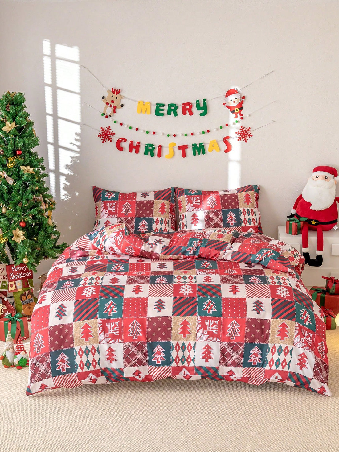 Elevate your holiday decor with our Sleigh Bells and Snowflakes: 3pc Christmas Polyester Printed Quilt Cover Set. Made with premium polyester, this set features a festive print of sleigh bells and snowflakes. Add a touch of magic to your bedroom and cozy up in style this holiday season.