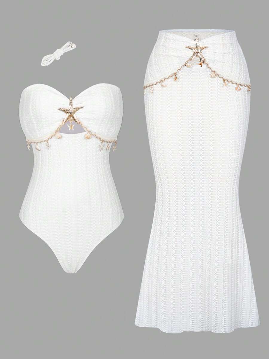 Make a splash this spring and summer with our stunning 2-piece swimsuit set. The solid color design offers timeless elegance, while coordinating starfish accessories add a playful coastal touch. Complete your beach look with the included lightweight beach dress—perfect for transitioning from water to shore. Whether you're lounging by the pool or strolling along the sand, this versatile set keeps you stylish and sun-ready all season long.