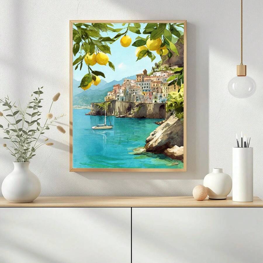Framed Sorrento coastal canvas wall art with lemons, cliffside homes, sailboat, and turquoise sea