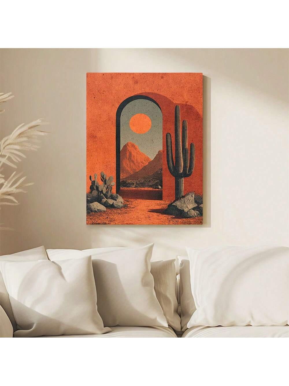 Bring a splash of desert charm into your space with this lively Southwest Desert Landscape Canvas Art. Featuring a charming archway, iconic saguaro cactus, and a glowing setting sun, this frameless wall decor adds warmth and character to any room. Perfect for brightening your home or as a fun gift for desert lovers, it effortlessly captures the spirit of the southwest in a playful, vibrant way.