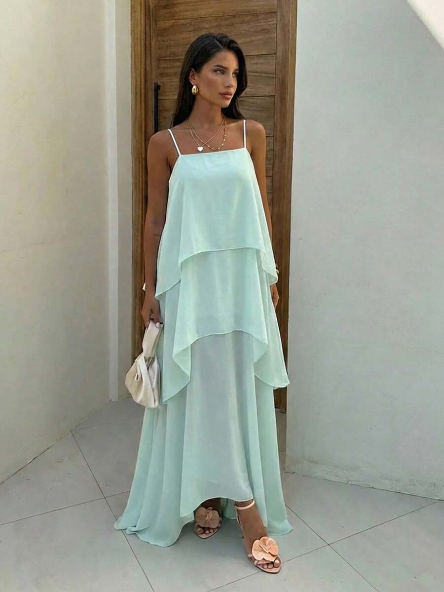 Mint spaghetti strap tiered chiffon maxi sundress front view
