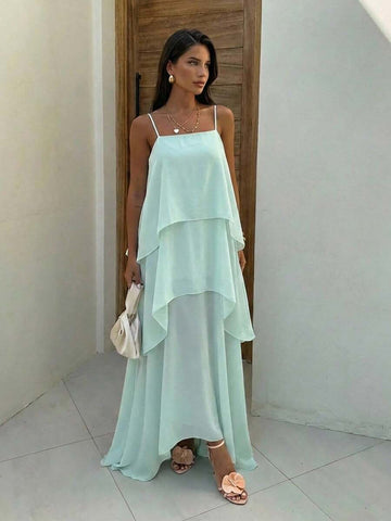 Mint spaghetti strap tiered chiffon maxi sundress front view