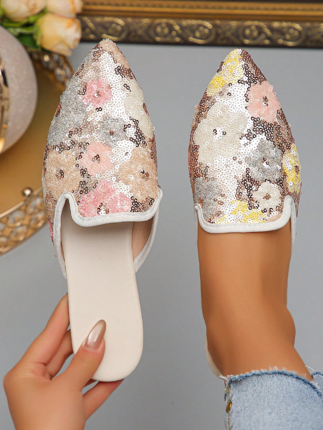 Step out with sparkle and sass in these oversized sequin pointed toe slip-on flats. Designed for effortless style, they add a dazzling touch to any casual outfit. Lightweight and comfy, these loafers are your go-to for spring, summer, and autumn adventures. Shine bright wherever you wander!
