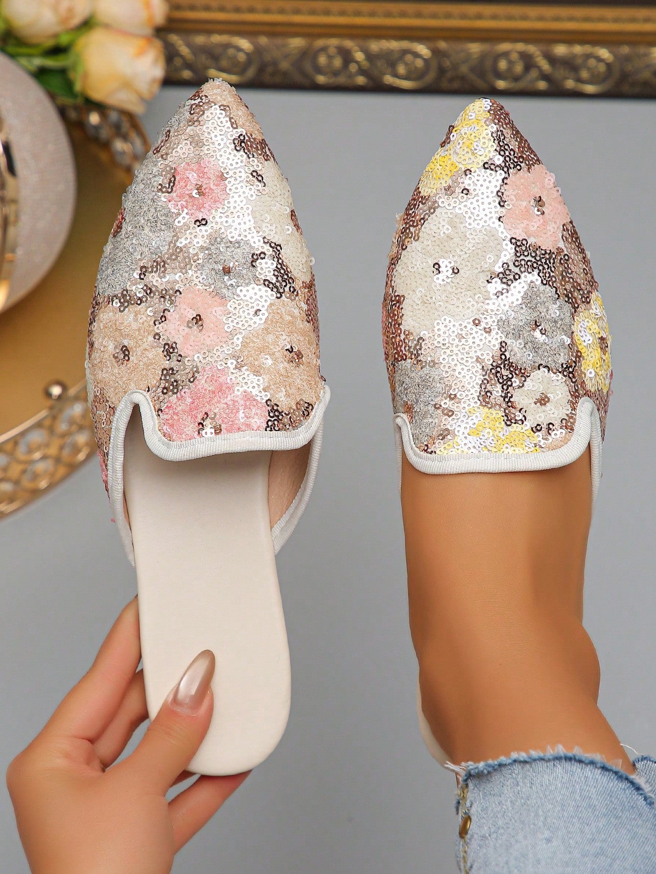 Step out with sparkle and sass in these oversized sequin pointed toe slip-on flats. Designed for effortless style, they add a dazzling touch to any casual outfit. Lightweight and comfy, these loafers are your go-to for spring, summer, and autumn adventures. Shine bright wherever you wander!