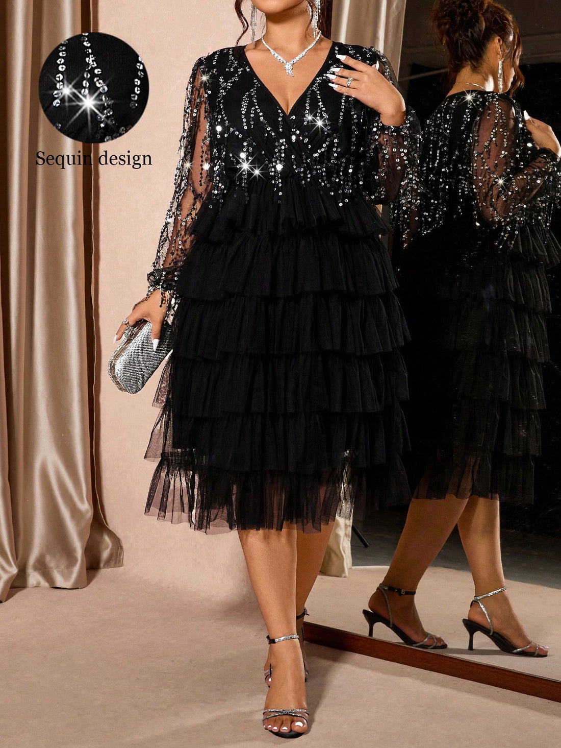 Dazzle this holiday season in a dress that's pure magic! This plus-size sequin stunner features a sheer V-neckline and long sleeves that blend elegance with festive flair. The all-over sequin detailing catches the light with every move, making you the star of any celebration. Perfect for Christmas parties, New Year's Eve, or any occasion calling for show-stopping glamour. Slip into confidence and let your sparkle shine!