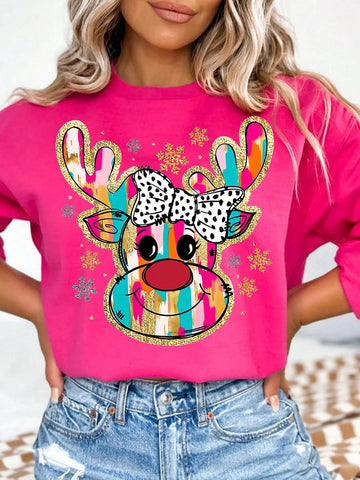 Spread some sparkling Christmas spirit with this colorful reindeer print crew neck sweatshirt for women! The eye-catching design adds a festive touch to any outfit and the comfortable fit will keep you cozy all season long. Perfect for spreading holiday cheer wherever you go!
