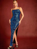 This stunning dress, the Sparkling Elegance, combines a lace-up backless design with sparkling sequins and a daring split, making it a perfect choice for a glamorous night out. With its elegant and unique features, this dress is sure to turn heads and make you feel confident and stylish.