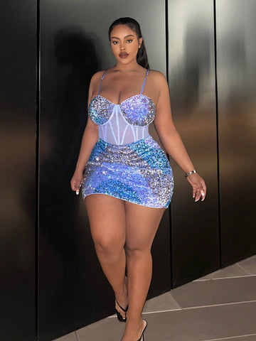Add glamour and confidence to your night out with our Sparkling Elegance: Plus Size Sequin Strap Dress. Made with high-quality sequin material, this dress shines and sparkles with every movement. The plus size and adjustable straps ensure a comfortable and stunning fit all night long.
