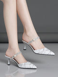 Introducing our Sparkling Elegance: Rhinestone-Embellished High Heel Pointed Toe Slip-On Shoes. Perfect for the 2024 Spring season, these Silver Mix chunky heel high heel pumps offer versatile style for any occasion. Elevate your look with sparkling rhinestone embellishments and a sleek pointed toe design.