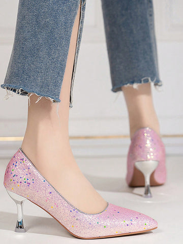 Indulge in Effortless Glam with Sparkling Elegance's Women's Pointed Toe Sequin Stilettos. These stilettos feature a sparkling sequin design, adding a touch of luxury to any outfit. The pointed toe style elongates the legs while the stiletto heel provides a sleek and elegant look. Elevate your style with these glamorous stilettos.