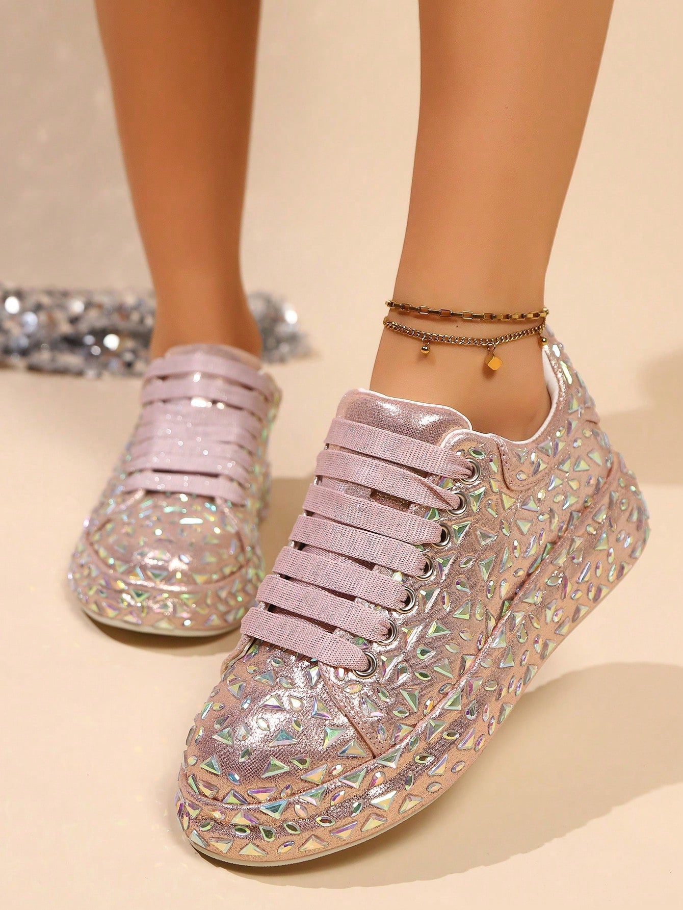 Simple, yet chic, these sparkling pink rhinestone sneakers add a touch of glam to your wardrobe. The trendy transparent crystal platform design effortlessly elevates your style. Walk with confidence and a touch of sass in these eye-catching and comfortable sneakers.