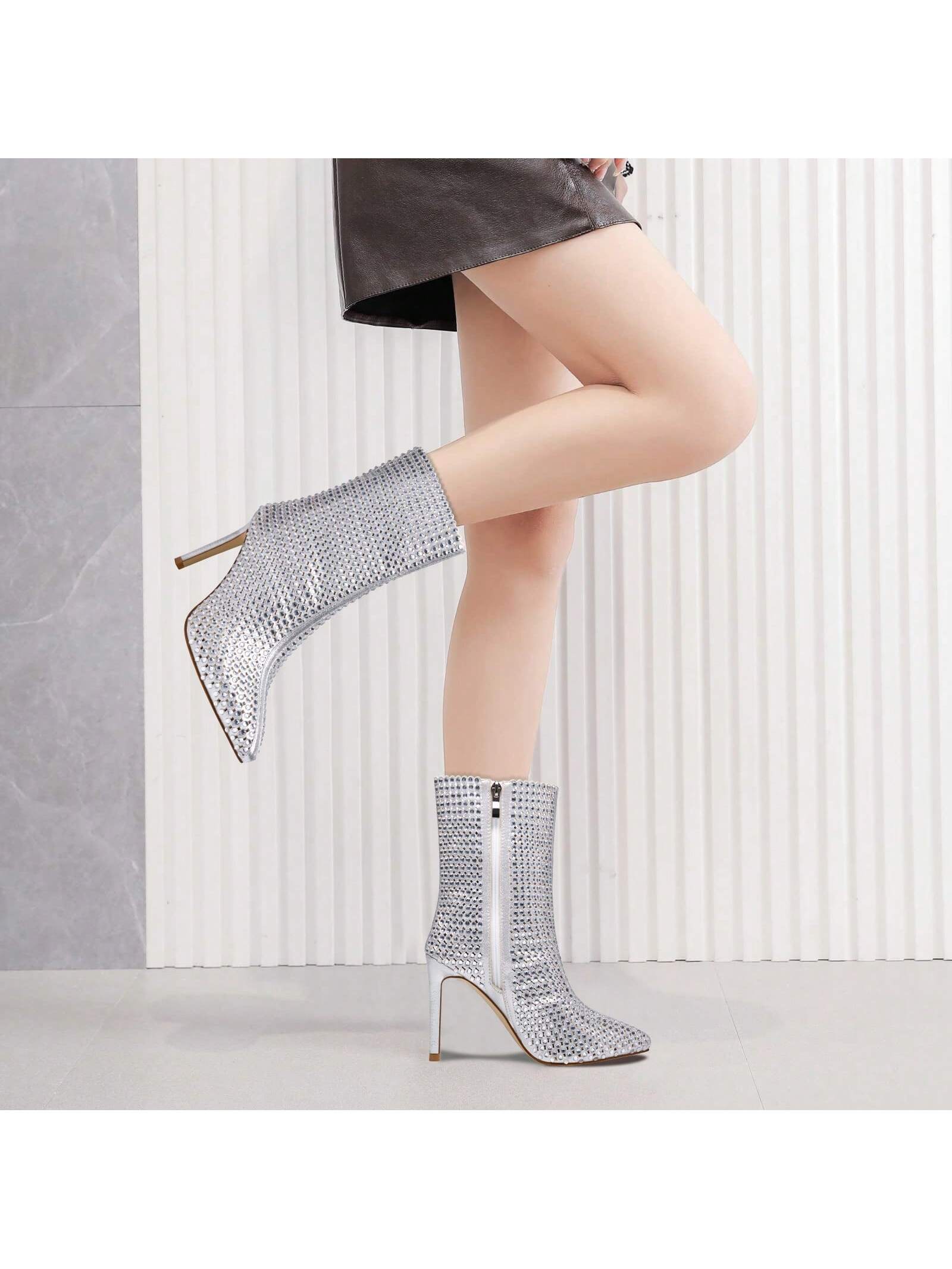 Introducing our Sparkly Rhinestone Ankle Boots - the perfect choice for all your special occasions! These boots are designed to add a touch of glamour to any outfit, making them a must-have for parties, weddings, or even daily wear. With their sparkling rhinestone embellishments, you'll be sure to make a statement wherever you go.