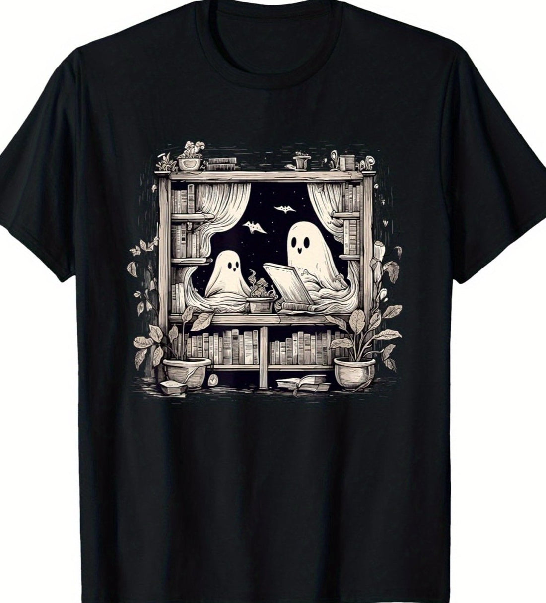 Join the Spectral Scholars with this spooky retro bookworm t-shirt featuring ghosts reading in the library. Perfect for book lovers, this shirt combines style and bookish charm. Made for literature enthusiasts and library regulars. Get yours now!