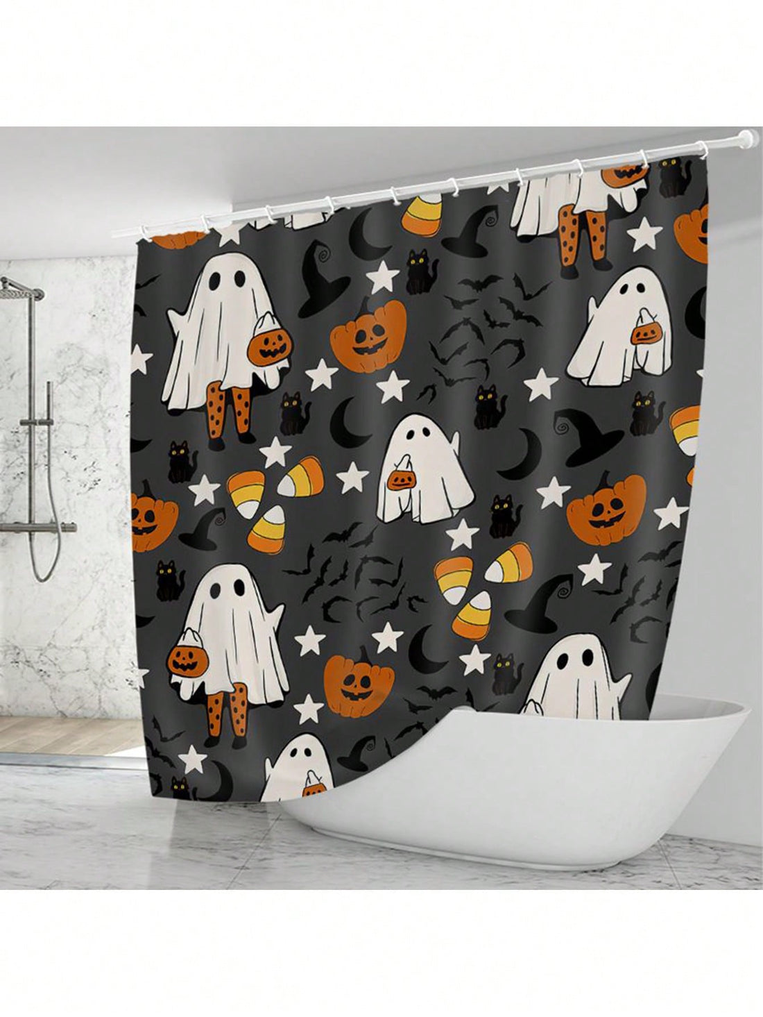 Introducing our Spook-tacular Halloween shower curtain! Made with waterproof material and featuring 12 hooks, it's perfect for adding some ghoulish charm to your bathroom decor. Get into the spirit of the season with this fun and functional addition!(Boo-yeah!)