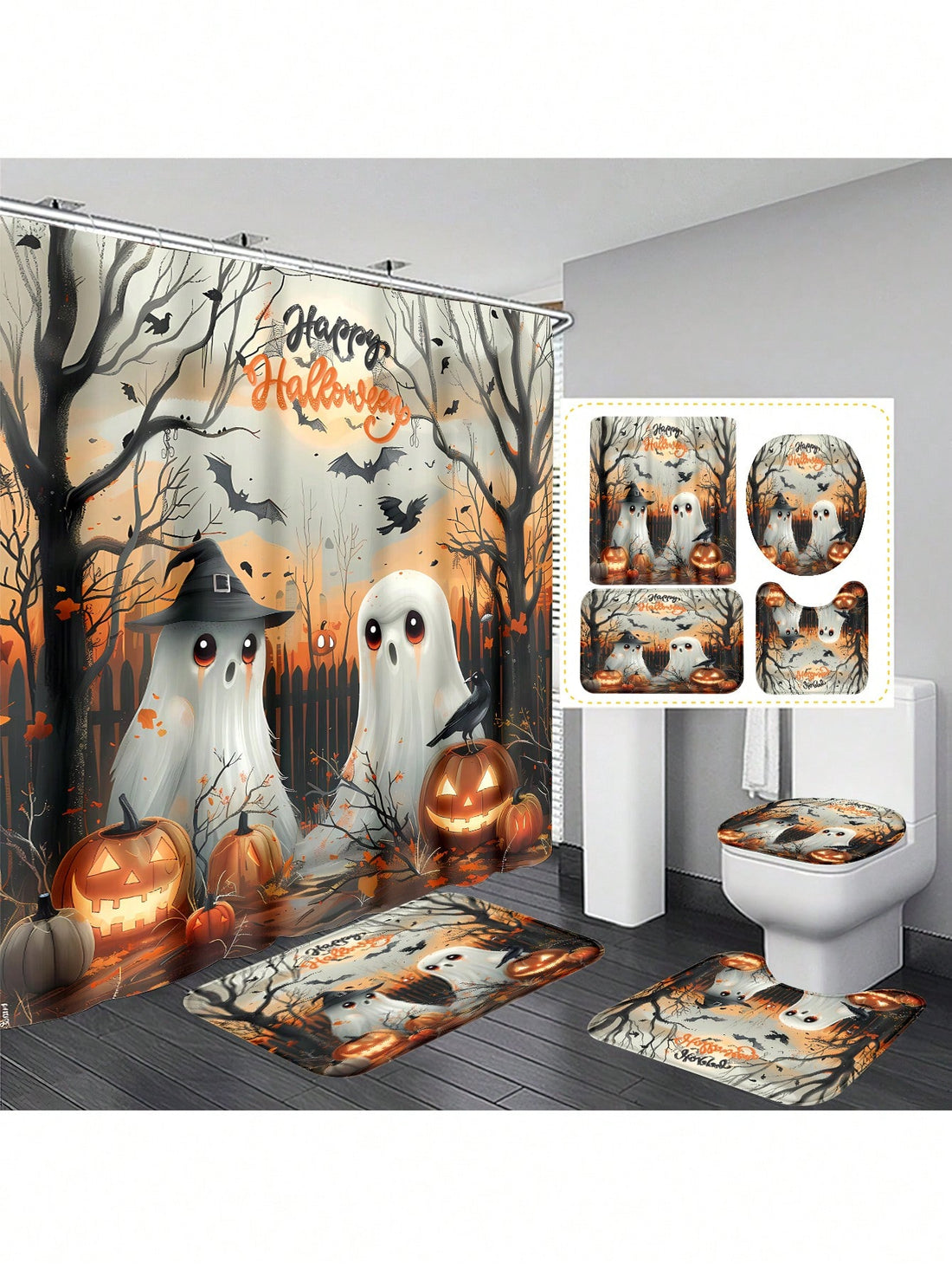 Transform your bathroom into a Halloween haven with this Spooktacular Decor Set! Featuring a festive shower curtain, cozy mat, and matching toilet cover, this ensemble adds a fun and spooky vibe to your space. Perfect for welcoming trick-or-treaters or enjoying the season’s spirit every day, it’s an easy way to bring playful Halloween charm to your home.