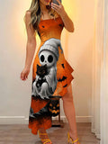 Front model view of orange Halloween ruffle hem dress with skull and black cat graphic