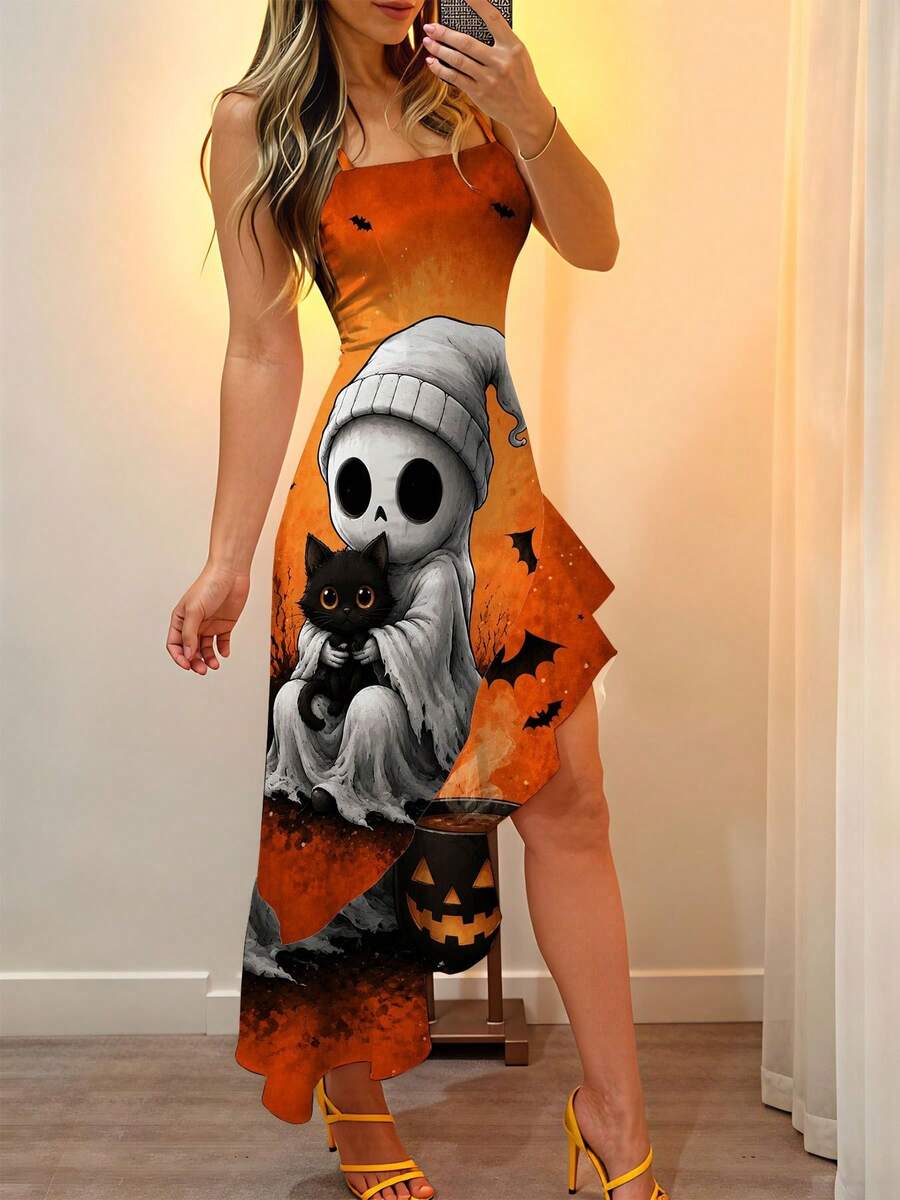 Front model view of orange Halloween ruffle hem dress with skull and black cat graphic