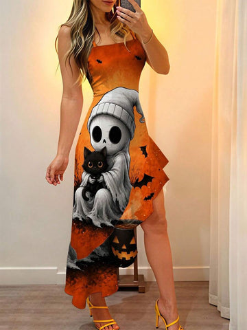 Front model view of orange Halloween ruffle hem dress with skull and black cat graphic
